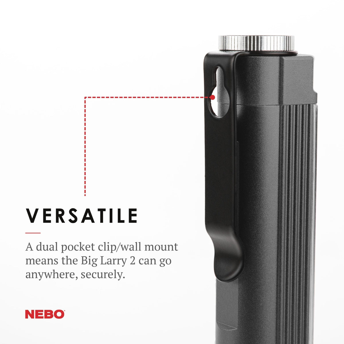 At Nebo Tools, we continually innovate so that we can offer the highest quality LED lighting products at the best price. The Big Larry™ 2 outputs 500 lumens with the COB work light and 200 lumens from the top flashlight which includes 4 light modes.  The red COB light is perfect for distress signalling or roadside emergencies. The steel clip and magnetic base provide convenient hands-free lighting options.