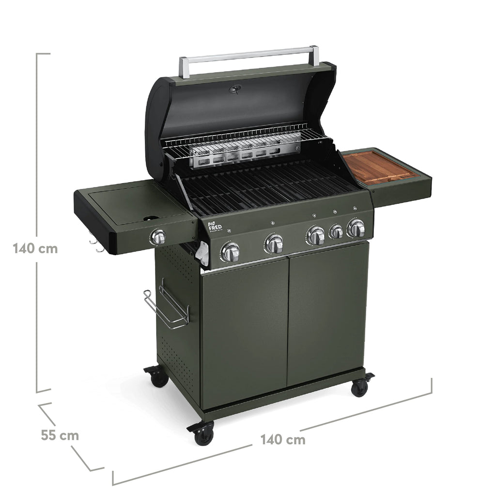 Burnhard Big FRED - Deluxe Gas Grill 4-Burner Green Edition - Stainless Steel Grates