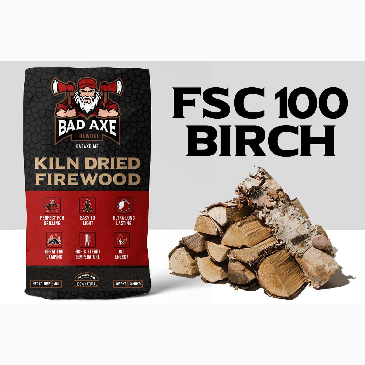 Bad Axe Firewood -Birch 40L Sack Approx 15kg