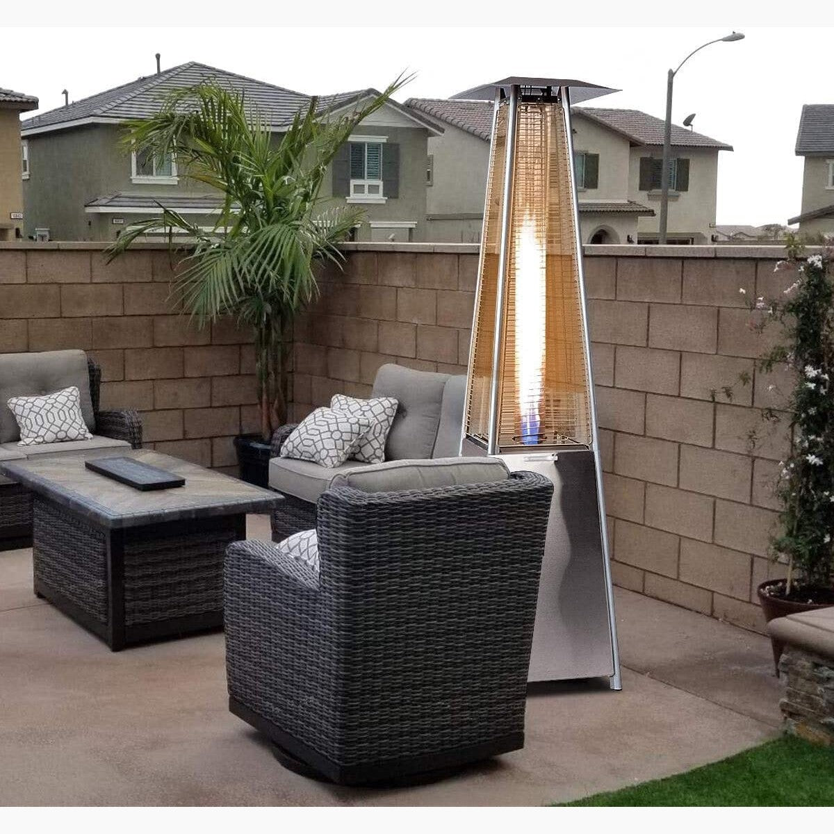 PureHeat Pyramid Style Gas Patio Heater In Stainless Steel with wheels