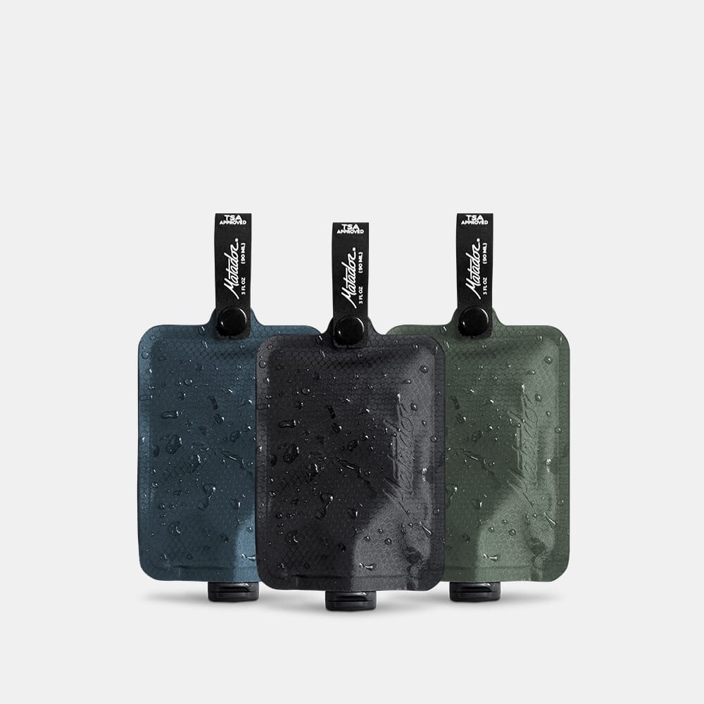 Matador FlatPak Toiletry Bottle 3-Pack - Charcoal, Slate Blue, Sage